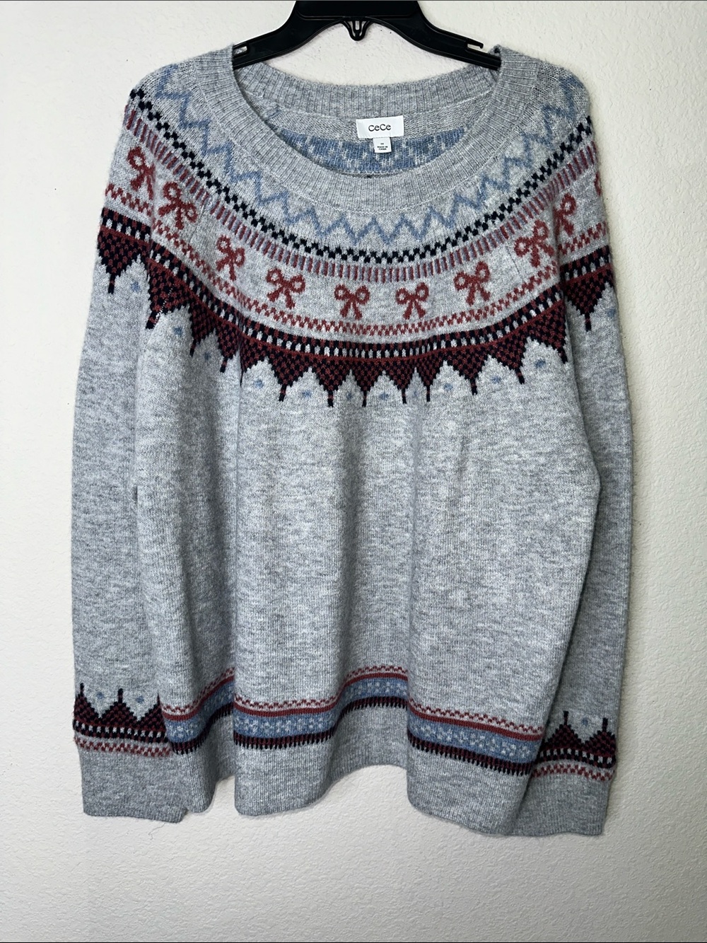 CeCe Light Gray Scoopneck Fair Isle Sweater with Burgundy Accents
